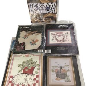 5 Cross Stitch Kits Counted Stamped Bucilla Janlynn Golden Bee Banar Cats Sealed
